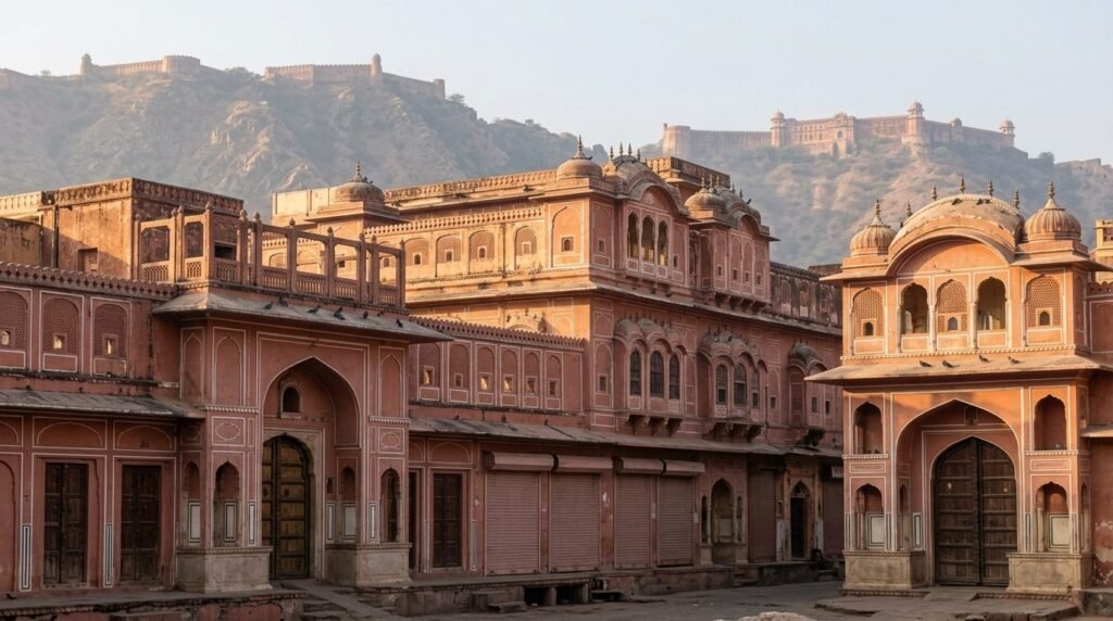 A striking heritage scene of pink-sandstone architecture in the pink-walled plan