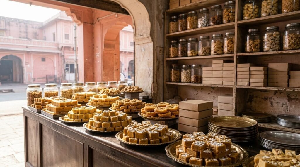 Dense golden sweet slabs being cut and boxed at a counter with glass jars behind