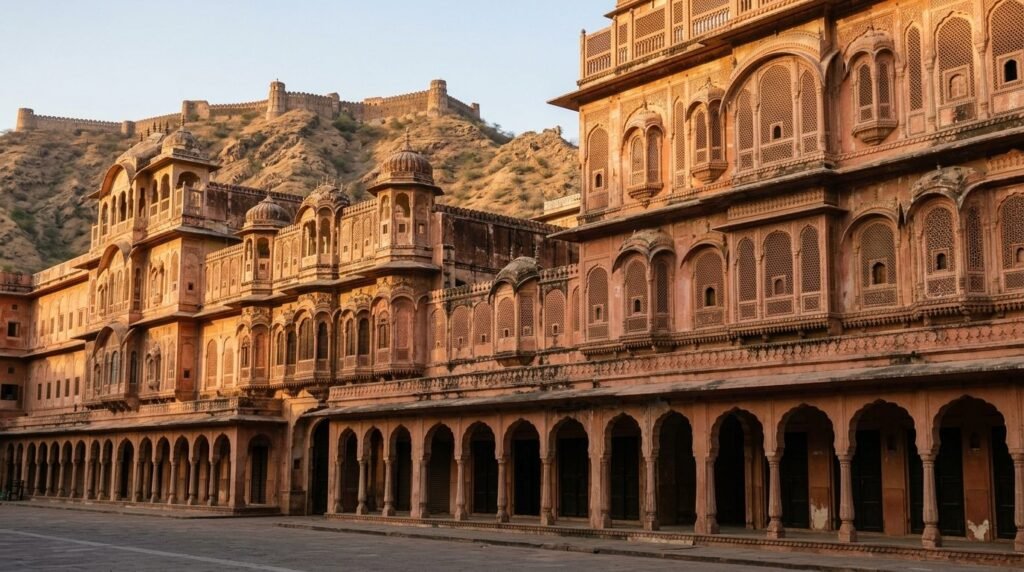 A striking heritage scene of pink-sandstone architecture in the pink-walled plan