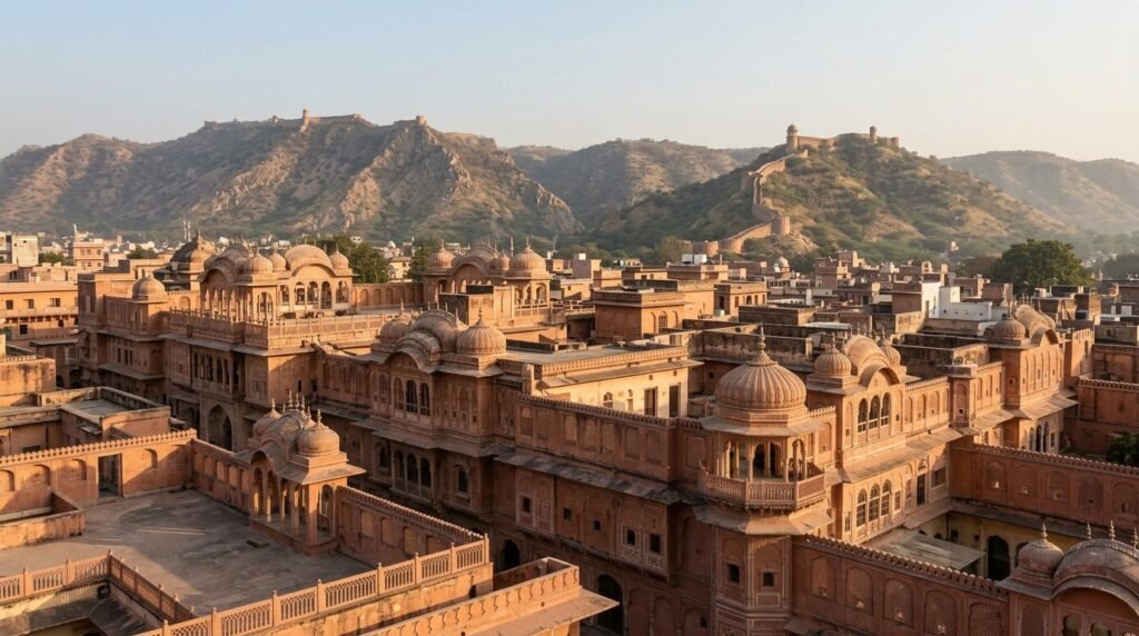 A striking heritage scene of pink-sandstone architecture in the pink-walled plan