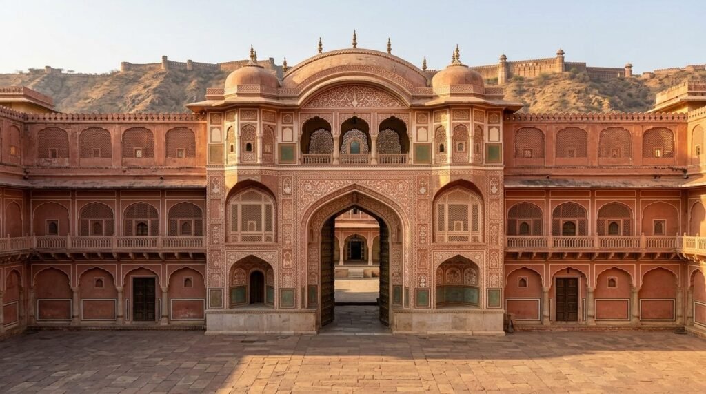 A striking heritage scene of pink-sandstone architecture in the pink-walled plan
