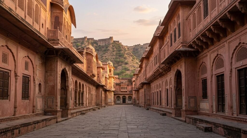 A striking heritage scene of pink-sandstone architecture in the pink-walled plan