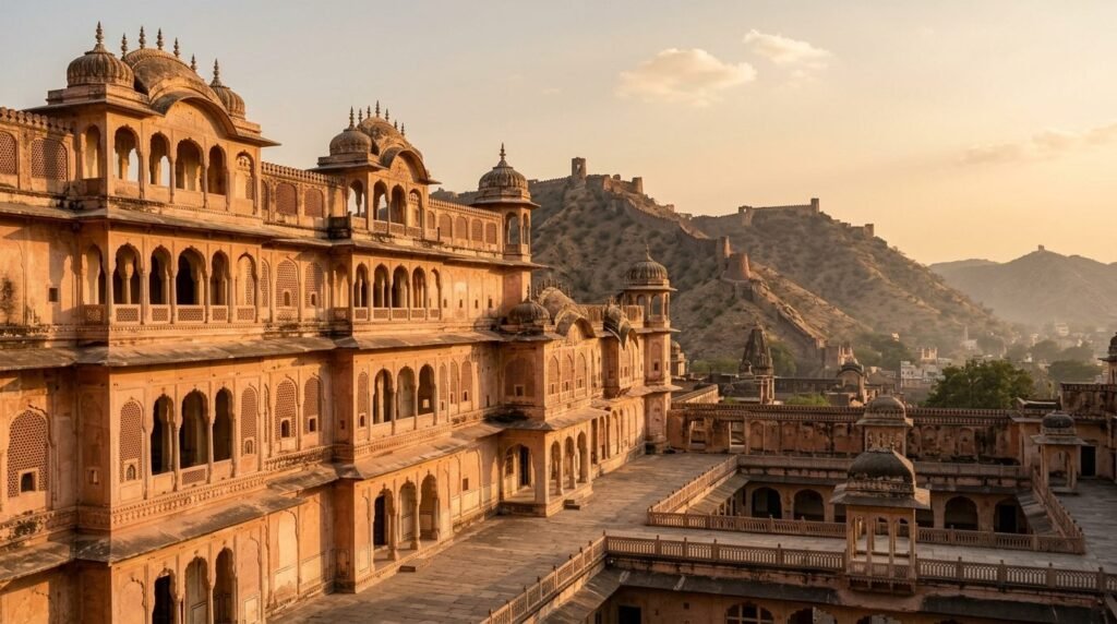 A striking heritage scene of pink-sandstone architecture in the pink-walled plan