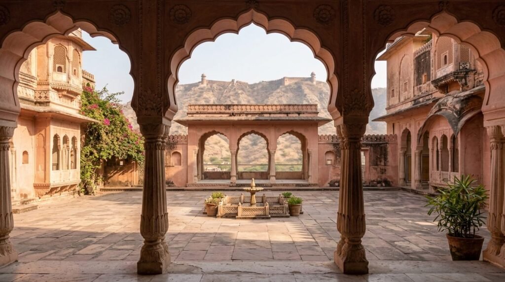 A striking heritage scene of pink-sandstone architecture in the pink-walled plan