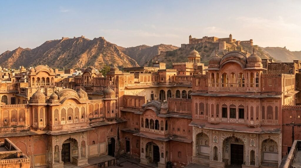 A striking heritage scene of pink-sandstone architecture in the pink-walled plan