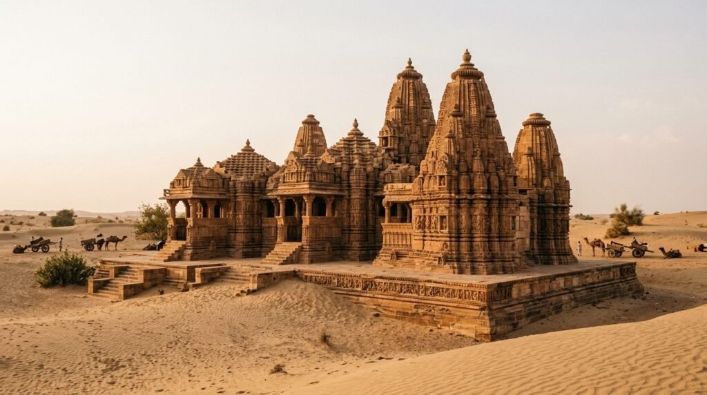 Desert temple shikhara spires rising from sand dunes at Osian