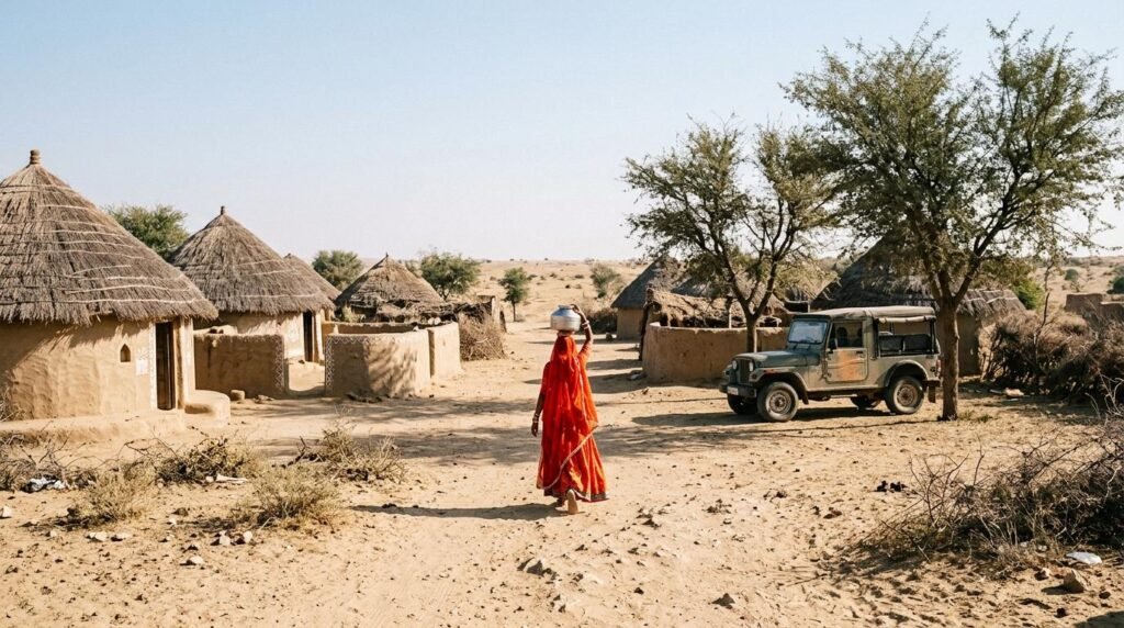 Mud-brick desert village with khejri trees and colourful skirts