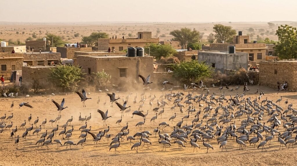 Flock of demoiselle cranes wheeling over a desert village