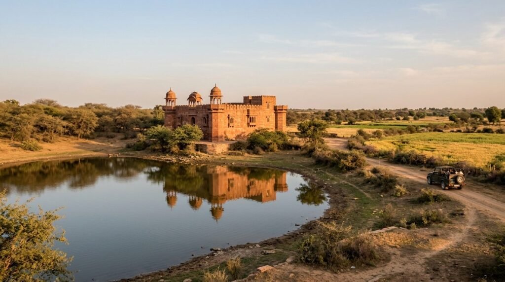 Rural lakeside fort-palace with safari country around it