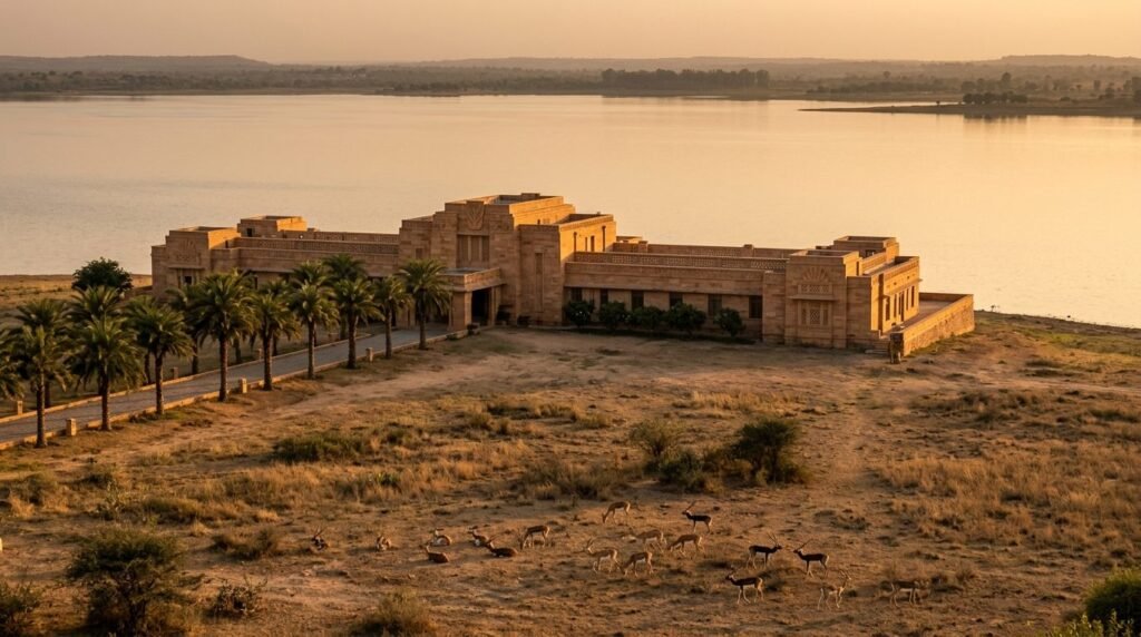 Art-deco sandstone lodge on a lake shore with blackbuck plains