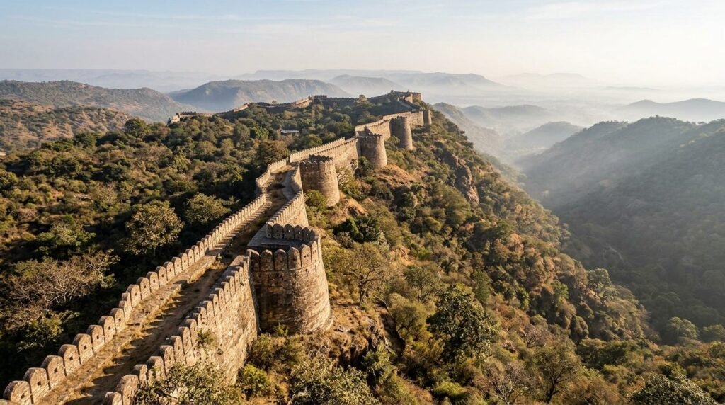 Fort walls snaking over forested mountains into the mist