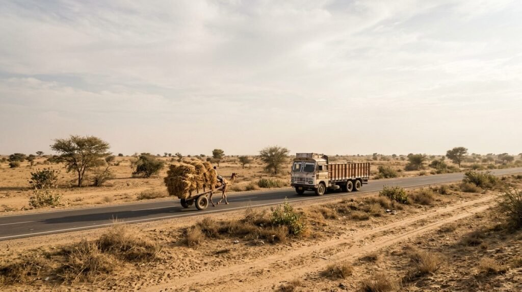 Highway across camel country with a camel cart and truck