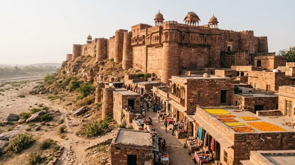 Red-sandstone fort by a dry riverbed with craft lanes