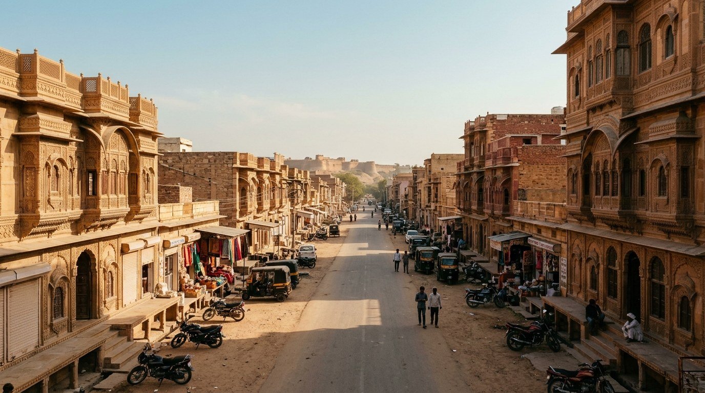 A broad neighbourhood lane with shops and far fort views